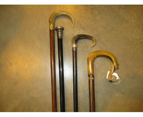 Silver Handle Walking Stick, Birmingham 1902, and 3 Horn Handle Walking Sticks 