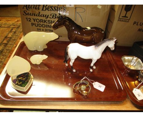 Two Hadeland Glassworks Polar Bears, Beswick and Other Horse, Trinket Box, 2 Watches, Woven Hair Albert and a Necklace 