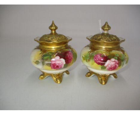 Two Royal Worcester Porcelain Rose Painted Pot Pourri, 10cm, both lids repaired