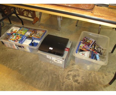 Play Station 3 Console and 2 Boxes of Various Games 