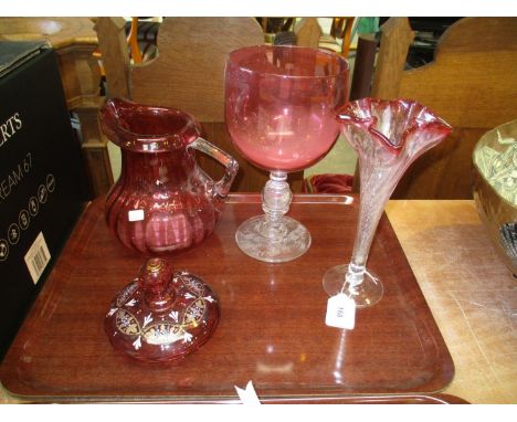 Victorian Ruby Glass Goblet Vase having a Coin in the Knop Pedestal, Ruby Glass Jug, Vase and a Lid 