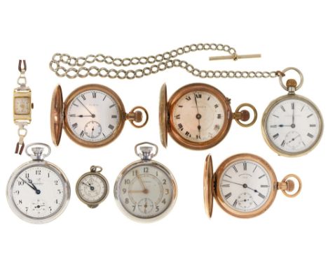 An American gold plated keyless lever hunting cased watch, American Waltham Watch Co, c1900, 52mm diam, five various other wa