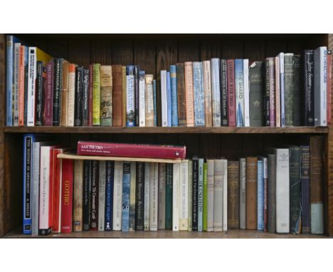 Books. Two shelves of architectural history and theory, 20th c, including Drexler's Architecture of the Ecole des Beux-Arts, 
