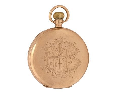 A 9ct gold hunting cased&nbsp;keyless lever&nbsp;watch, American Waltham Watch Co, with enamel dial, gold cuvette, 46mm diam,