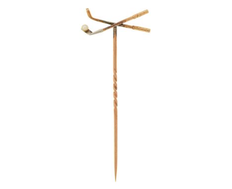 A golfer's novelty gold stick pin, early 20th c, with pearl golf ball, 55mm l, 1.1g  Good condition