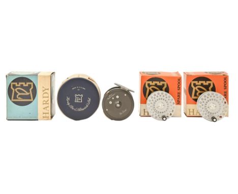 Fly fishing. A Hardy Bros Zenith 3" fly reel, maker's leather pouch and two spare spools, all boxed  Good condition
