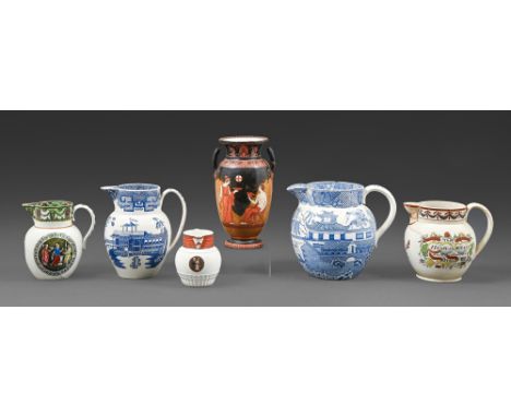 Two transfer printed and overglaze enamel painted pearlware jugs, early 19th c, one with The Husbandman's Diligence Provides 