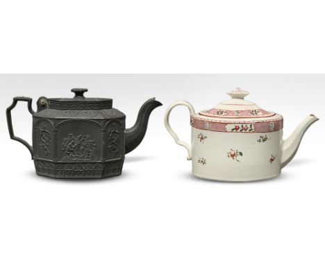 A Newhall hard paste oval teapot and cover, c1800, pattern 311, 15cm h and a black basalt octagonal teapot, c1810, with hinge