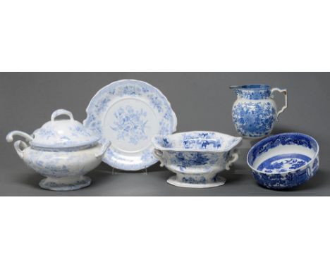 An Beech, Hancock &amp; Co earthenware soup tureen, cover, ladle and stand, c1860, transfer printed in blue and white Asiatic