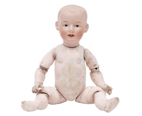 A German bisque head character doll, likely Gebruder Heubach, c1910, bisque head with intaglio eyes, open mouth and moulded h