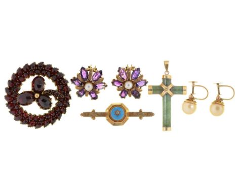 A garnet brooch, late 19th c, in gold, a turquoise and diamond bar brooch, adapted, a gold mounted jade cross and two pairs o