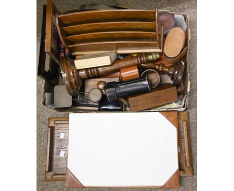 Miscellaneous wooden articles, including a turned wood standard lamp, stationery rack, brass postal scales, etc  