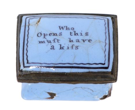 A South Staffordshire enamel patch box, late 18th c, the lid painted with inscription Who opens this must have a kiss, with m