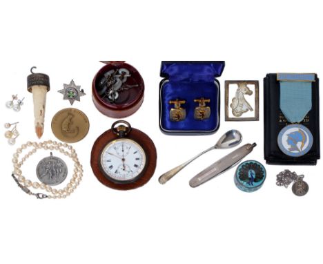 Miscellaneous articles including a silver plated pocket chronograph, a silver pocketknife, a silver bookmark, a cloisonne box