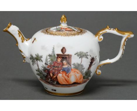 A Meissen teapot and cover, c1750, with scaly wishbone handle and dolphin spout, painted with two groups of lovers in the man