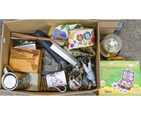 A musical parquetry cigarette box, an origin desktop aneroid barometer, an art deco style silvered metal desk timepiece and m