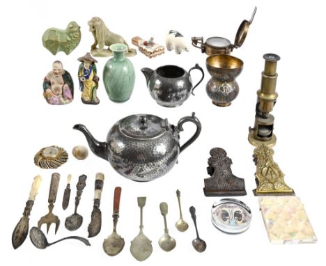 Miscellaneous Victorian and later bygones, to include a silver hallmarked fish knife and book mark with mother of pearl handl