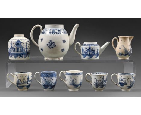 A group of English underglaze blue painted earthenware coffee cups, teapots, a jug and tea caddy, c1775-1810, 'Pagoda and Fen