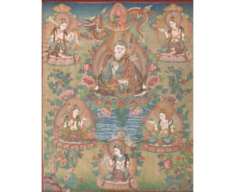 A Sino-Tibetan thangka, 20th c, painted in polychrome gouache on cotton with&nbsp;Padmasambhava, the Buddhist Vajra master bo