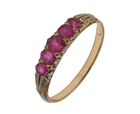 A synthetic ruby ring, in gold, mark rubbed, 2.1g, size N  Rubies scratched from wear
