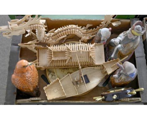 A Beswick Beneagles Scotch Whiskey eagle decanter, Chinese figurines, miscellaneous postcards and miniature toy soldiers, etc