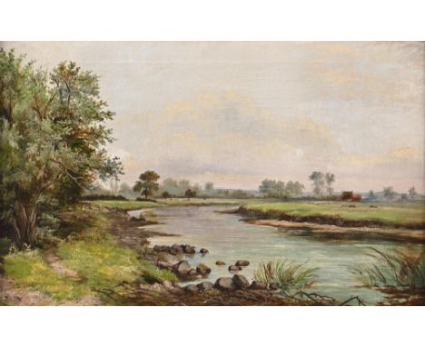 English School, 19th/20th c - River Landscape, with cattle grazing in a meadow alongside, oil on canvas, 44 x 69cm  Cleaned a
