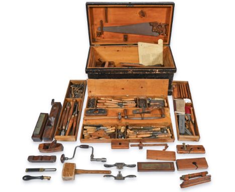 A stained pine tool chest, early 20th c,&nbsp;42cm h; 88 x 44cm and an extensive collection of contemporary carpentry and oth