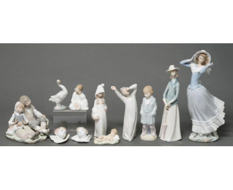 Nine Lladro figures and models, a Nao figure and another, 36cm h and smaller, printed and impressed mark (11)  Largest figure