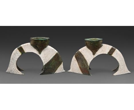 Studio pottery. Anthony Bernulf Hodge (1950-) - Candlesticks, reduced stoneware, glazed, 15.5cm h, impressed potter's device,