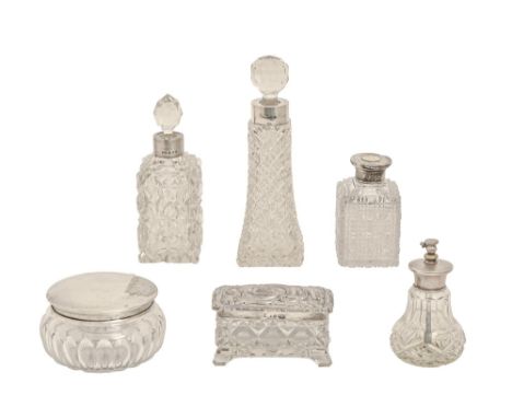 Miscellaneous silver and cut glass dressing table articles, late 19th/early 20th c, to include scent bottles and a powder bow