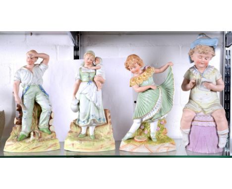 Four Gebruder Heubach bisque figures, c1900, a dancing girl in a pleated skirt, a pair consisting of a farmer and his wife an