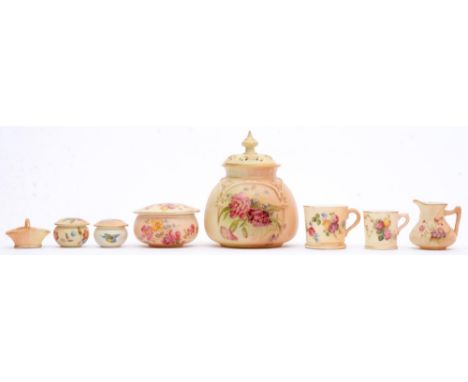A Royal Worcester pot pourri jar and cover,&nbsp;a trinket box, two miniature mugs, a basket and a jug, c1900,&nbsp;and two o