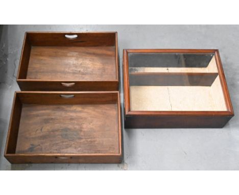 A glazed mahogany display case, early 20th c, 54cm w and two contemporary mahogany tool trays  