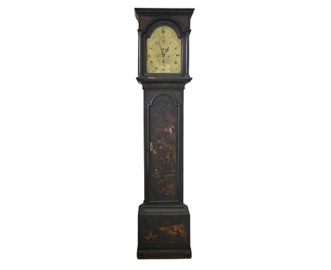 An eight-day longcase clock, late 18th c, in japanned mahogany case, the arched top brass dial with subsidiary seconds and da