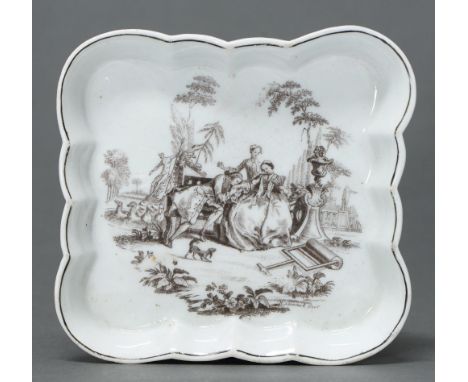 A Worcester black onglaze transfer printed teapot stand, c1760, with l'Amour, engraved by Robert Hancock, 11 x 11cm  Slight w