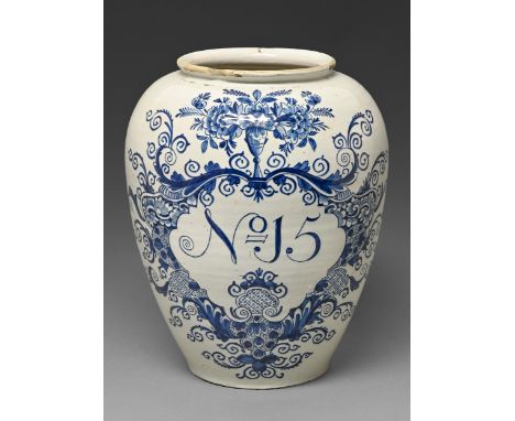 A Dutch delftware tobacco jar, c1770, painted in cobalt with a cartouche, inscribed No 15, 30cm h, painted Plough  Slightly c