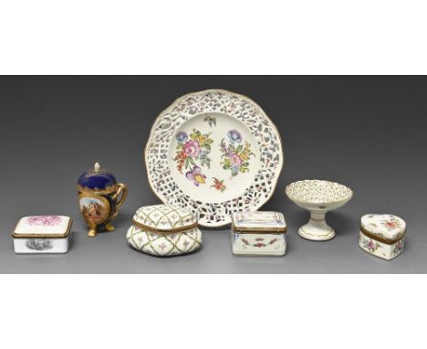 Miscellaneous continental porcelain, 19th c, including a Bourdois &amp; Bloch reticulated plate, a chocolate cup and cover on