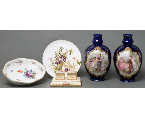 A Nymphenburg dish, early 20th c, painted with flowers, 23.5cm diam, painted, printed and impressed mark, a George Jones porc