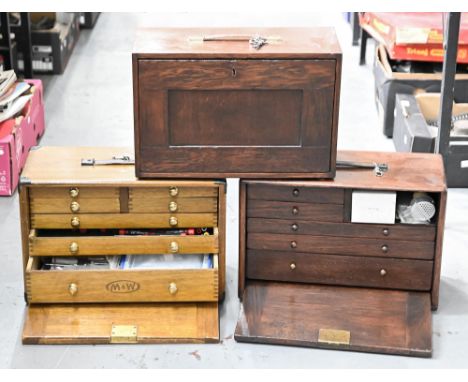 A stained oak tool chest, 29cm h, two other similar chests and miscellaneous tools  