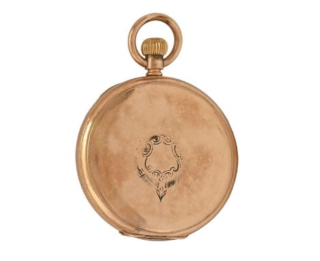 A gold plated hunting cased&nbsp;keyless lever&nbsp;watch, American Waltham Watch Co, No 10794018, with enamel dial, in engin