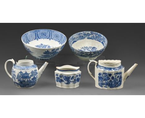 Two blue printed pearlware Man on a Raft and other Chinoiserie pattern bowls, two teapots and a sugar box, c1800, larger bowl