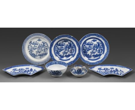 Five Ferrybridge blue printed earthenware Elephant Chinoiserie pattern plates and dishes, Ralph Wedgwood &amp; Co, c1800&nbsp