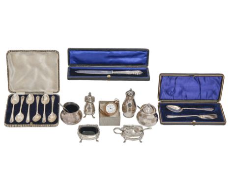 An Elizabeth II silver condiment set, blue glass liners, pepperette 75mm h, by Elkington &amp; Co Ltd, Birmingham 1965 and th