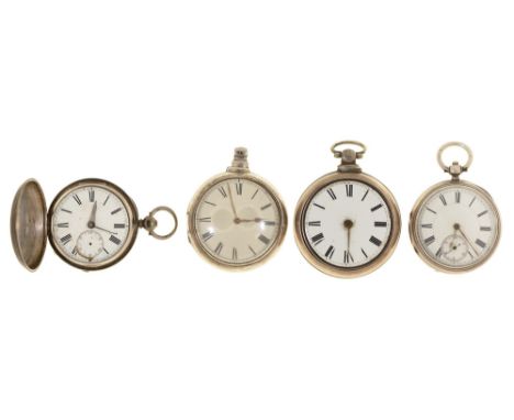 Two English silver pair-cased verge watches, 56 and 80mm diam, London and Birmingham, 1831 and 1852, a silver hunting cased l