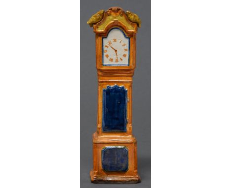 A Prattware clock ornament, c1800, in the form of a longcase clock with two birds perched on the hood and decorated in the co