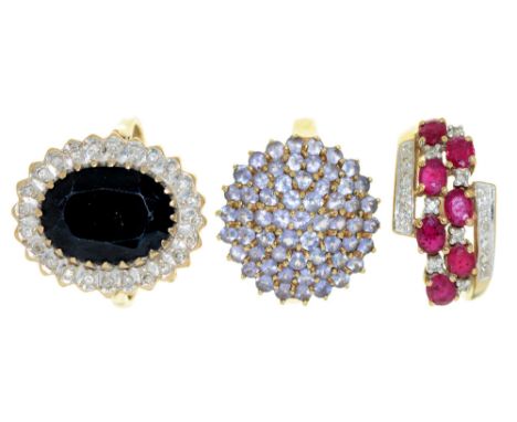 A ruby and diamond ring, in gold, marked 9K and two other gem set gold rings, 11.5g, size M, Q (3)  All three in good conditi