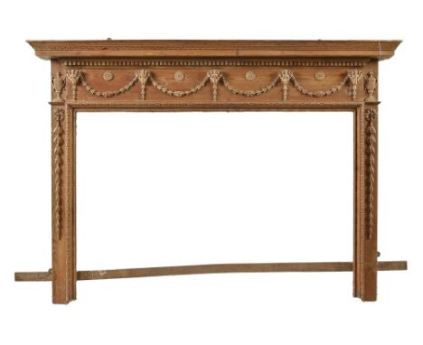 A neoclassical style carved pine chimney piece, first half 20th c, 119cm h, shelf 13 x 166cm  Complete but dusty/dirty from l