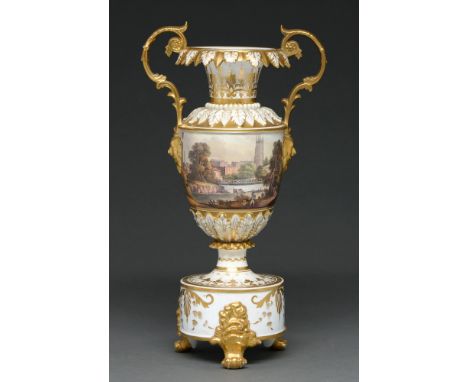 A Derby oval pedestal vase, c1820, painted by Daniel Lucas with a panoramic landscape of Derby, with All Saints Church, Exete