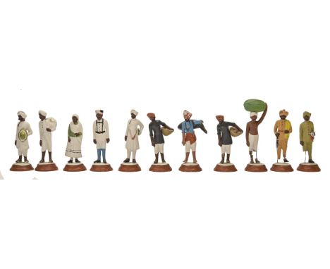 Nineteen Indian painted clay 'Poona' figures, 20th c, approx 11cm h, miscellaneous Victorian and later magic lantern slides, 