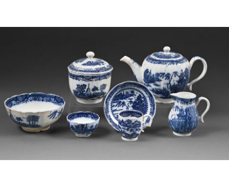 A group of underglaze blue printed pearlware Chinoiserie pattern 'Leaf mark' teaware, c1790, teapot and cover 14cm h, undergl